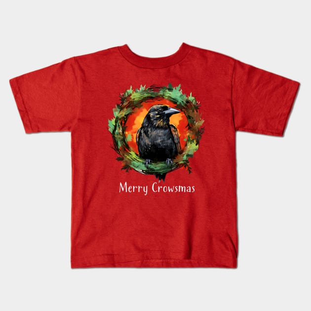 Funny "Merry Crowsmas" Christmas Crow & Wreath Kids T-Shirt by Pine Hill Goods